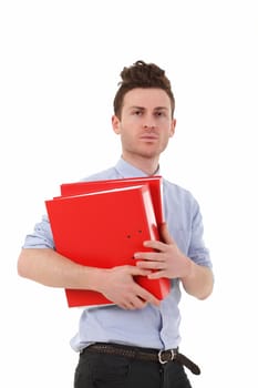 Portrait of serious young man with folders
