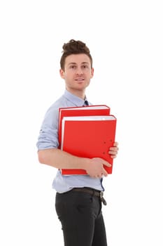 Young man with folders isolated on white background