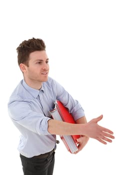 Vertical portrait of young man with folders