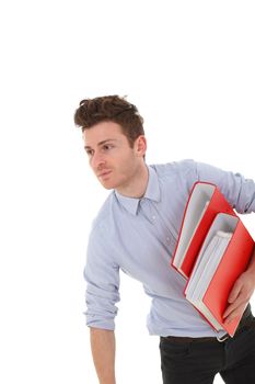 Artistic portrait of young employee with red folders