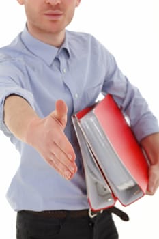 Young man giving hand holding folders