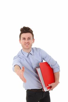 Portrait of young man isolated welcoming in office holding folders