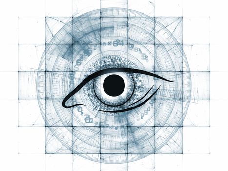 Composition of eye outlines, fractal and abstract design elements on the subject of modern technologies, mechanical progress, artificial intelligence, virtual reality and digital imaging