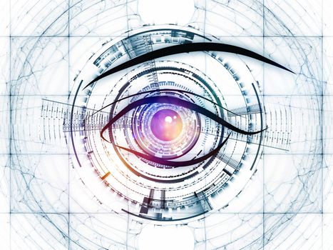 Arrangement of eye outlines, fractal and abstract design elements on the subject of modern technologies, mechanical progress, artificial intelligence, virtual reality and digital imaging