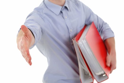 Young man in office welcome with hand