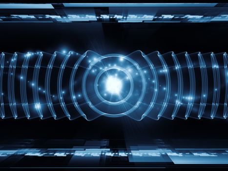 Composition of perspective fractal grids, lights, mathematical wave and sine patterns on the subject of modern technologies, science of energy, signal processing, music and entertainment