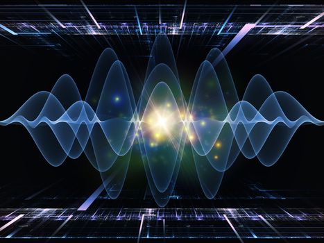 Composition of perspective fractal grids, lights, mathematical wave and sine patterns on the subject of modern technologies, science of energy, signal processing, music and entertainment