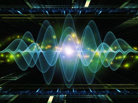 Composition of perspective fractal grids, lights, mathematical wave and sine patterns on the subject of modern technologies, science of energy, signal processing, music and entertainment