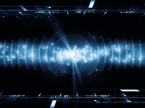 Composition of perspective fractal grids, lights, mathematical wave and sine patterns on the subject of modern technologies, science of energy, signal processing, music and entertainment