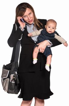 Hispanic businesswoman with baby over white background