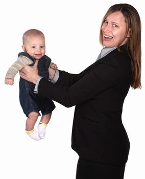 Anxious businesswoman not sure what to do with baby