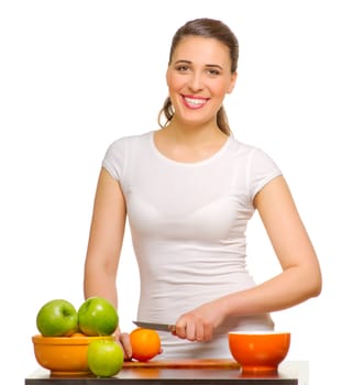 Young smiling woman with fruits isolated