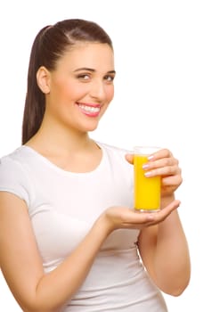 Young smiling woman with juice isolated