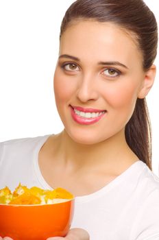 Young woman with fruit salad isolated