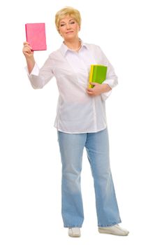 Senior woman with books isolated