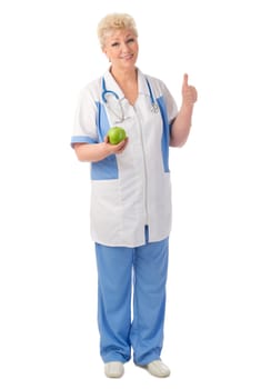 Mature doctor with apple isolated