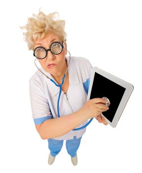 Funny mature doctor with tablet PC isolated