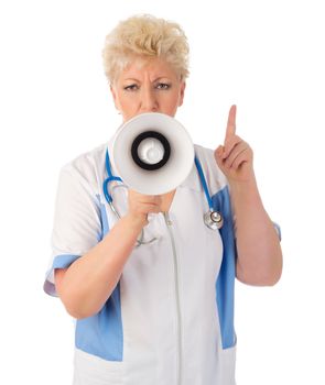 Mature doctor with bullhorn isolated