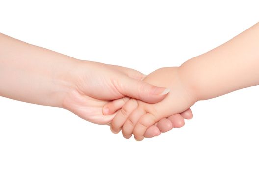 Woman hold hand of little child isolated