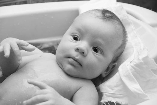 A Swimming baby boy at the bath. Black and white.