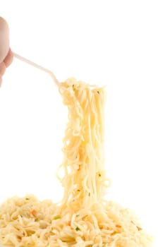 spaghetti at fork isolated on white background