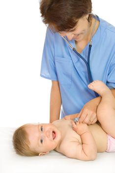 Doctor with stethoscope and small smiling baby