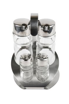 Metal and glass pepper, salt and sauce pots set isolated on white