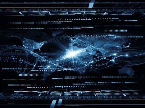 Composition of lights, symbols, grids and satellite imagery (courtesy of NASA) on the subject of science, global computing and communication technologies