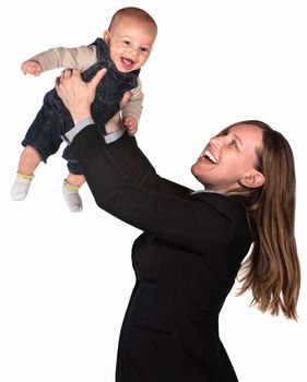 Pretty businesswoman holding her baby over white background