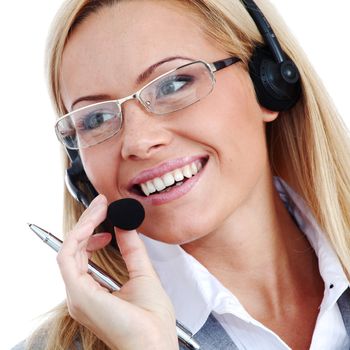 woman call with headset close portrait