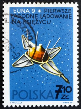 POLAND - CIRCA 1966: a stamp printed in the Poland shows Luna 9, USSR Spacecraft, the First Survivable Landing of a Man- made Object on another Celestial Body, circa 1966