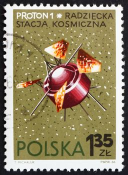 POLAND - CIRCA 1966: a stamp printed in the Poland shows Proton 1, USSR Satellite, circa 1966