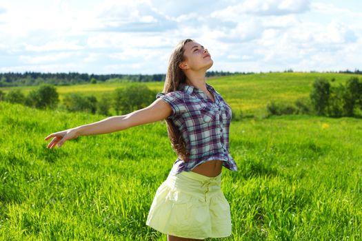 summer woman fly in blue sky