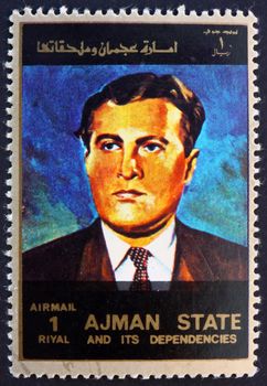 AJMAN - CIRCA 1973: a stamp printed in the Ajman shows Wernher von Braun, Rocket Scientist, Aerospace Engineer and Space Architect, circa 1973