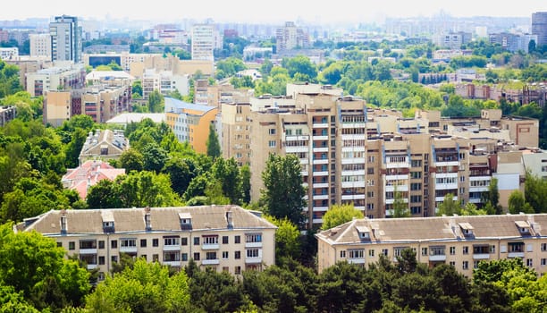 Buildings in a city in an environment of green trees