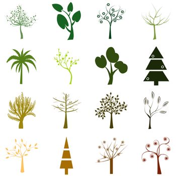 Set of trees isolated over white background