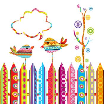 Greeting card with two cute birds chating on a fence, illustration for kids