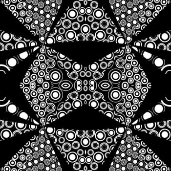 Black and white kaleidoscope background made of circles and dots
