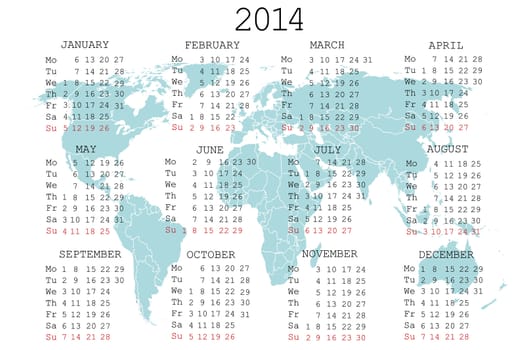 2014 calendar with blue map for your notebook or agenda