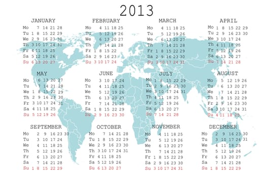 2013 calendar with blue map for your notebook or agenda