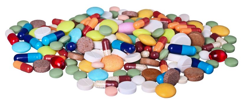 A large pile of medical pills isolated on white background