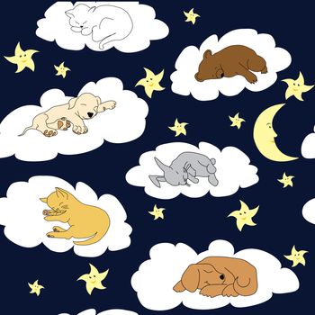 Night sky background with sleeping cute cartoon animals