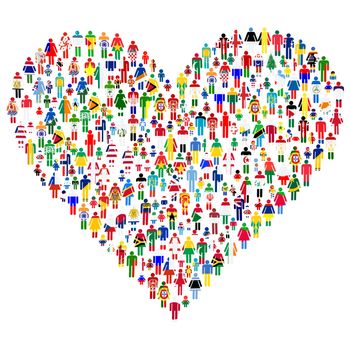 Love concept; heart made of people. People are made of all flags from the World.