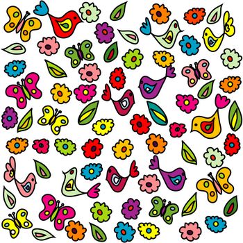 Background with birds, butterflies and flowers, pattern for kindergarten