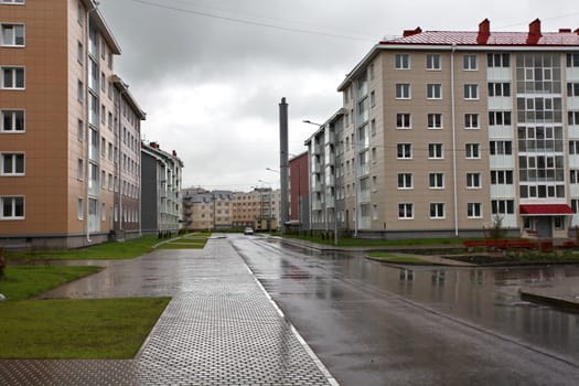 View of the city street in the rain