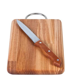 Kitchen knife on a cutting board isolated on white background.