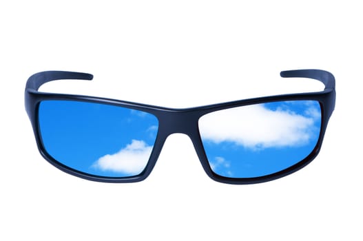 Sunglasses with sky and clouds, isolated on white background.