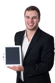 Young white man in suit holding white tablet pc and smiling