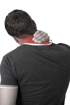 Young man holding his neck in pain