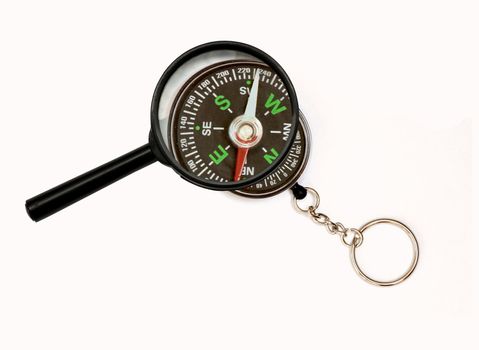 An image of magnifier and compass on white background